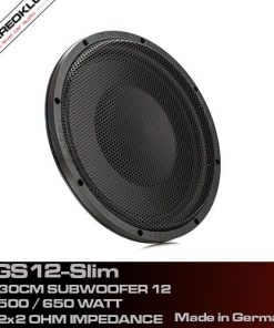 Frontbillede af Gladen GS12-Slim subwoofer med beskyttelsesgrill