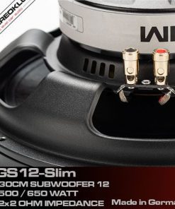 Close-up af terminaler på Gladen GS12-Slim subwoofer