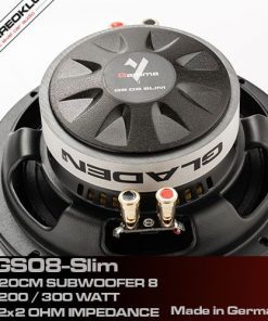 Close-up foto af Gladen Audio GS08-Slim ALLROUND subwoofer med 2x2 ohm impedans